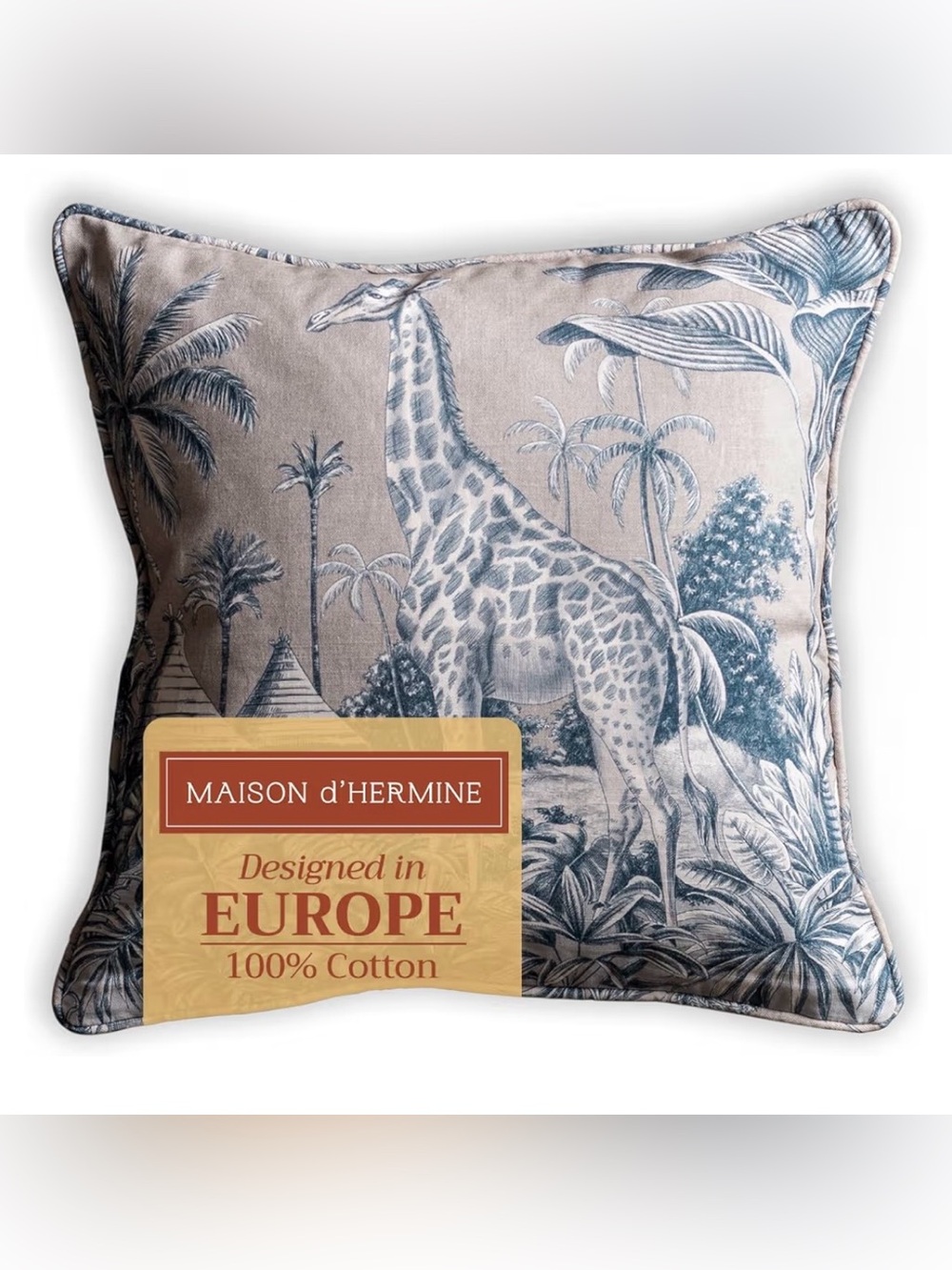 Savana Jouy Cotton Toile Decorative Pillow Cover SQUARE 20x20” - Blue Giraffe